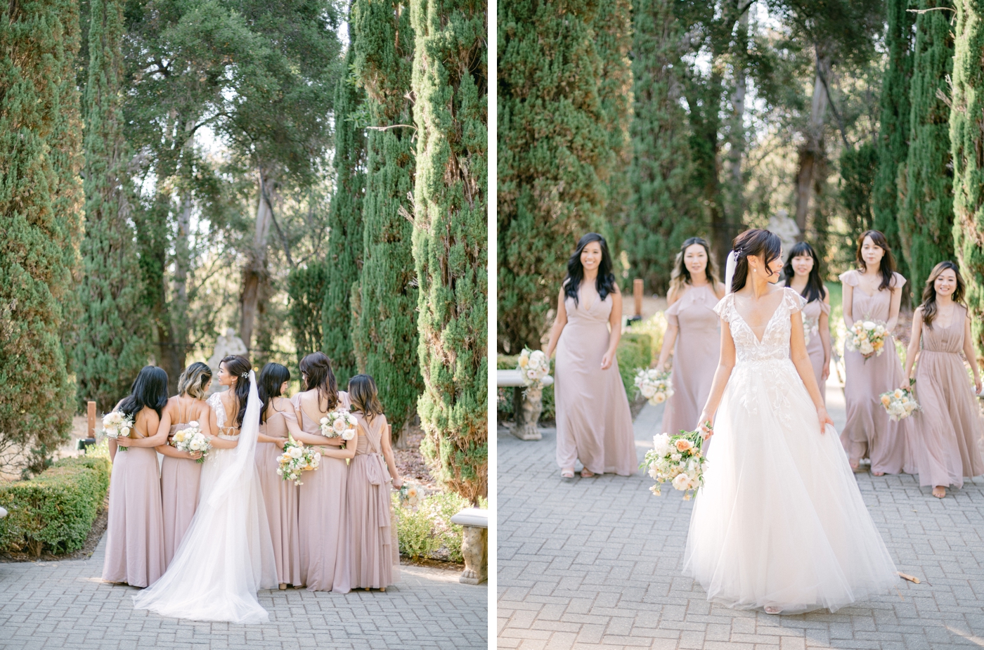 Bridesmaids in lilac chiffon gowns