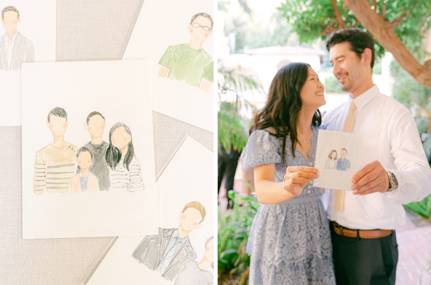 Hand drawn couples portraits for a California wedding