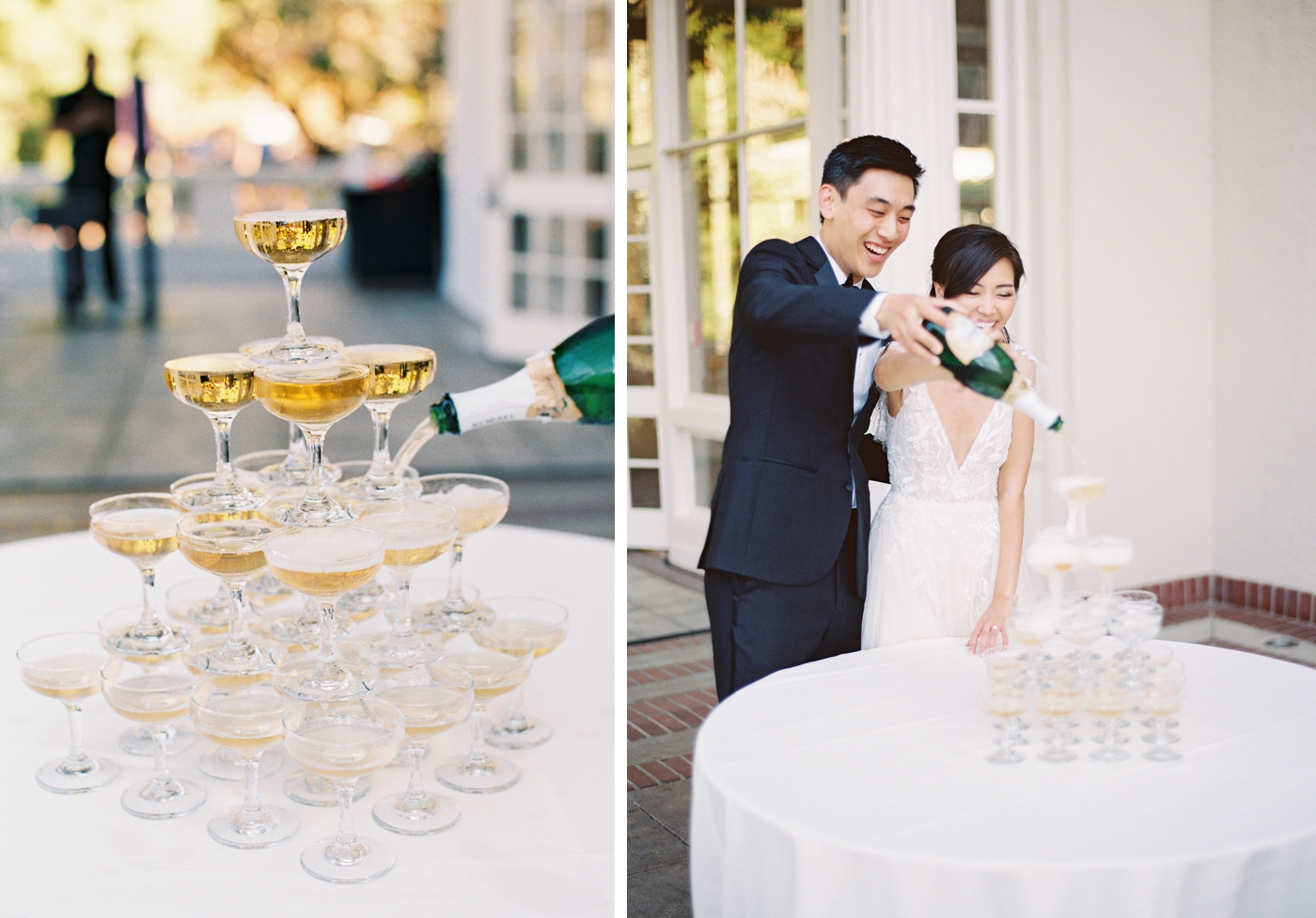 Bride and groom with a champagne tower