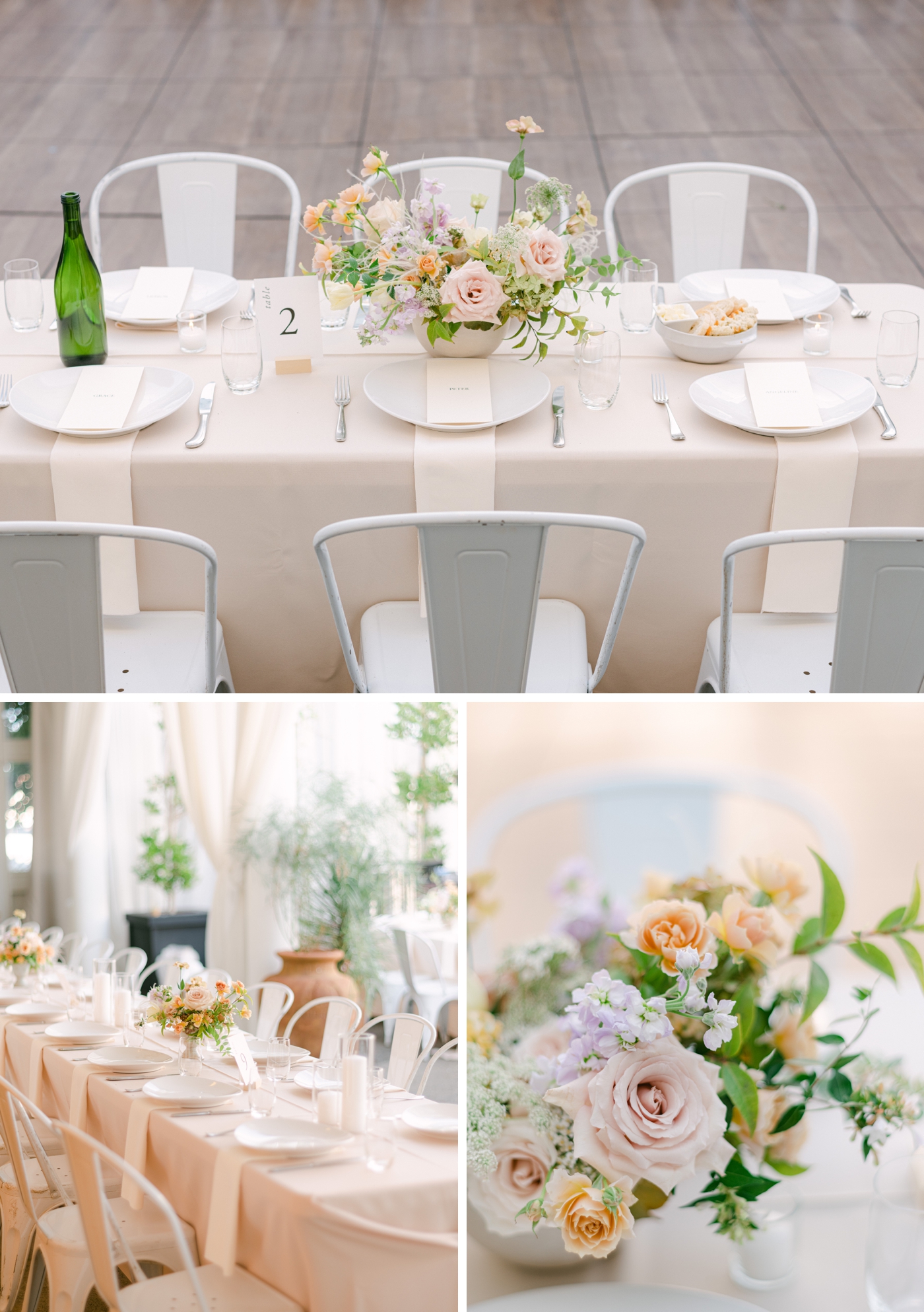 Cafe lights and white table linens for a summer wedding reception