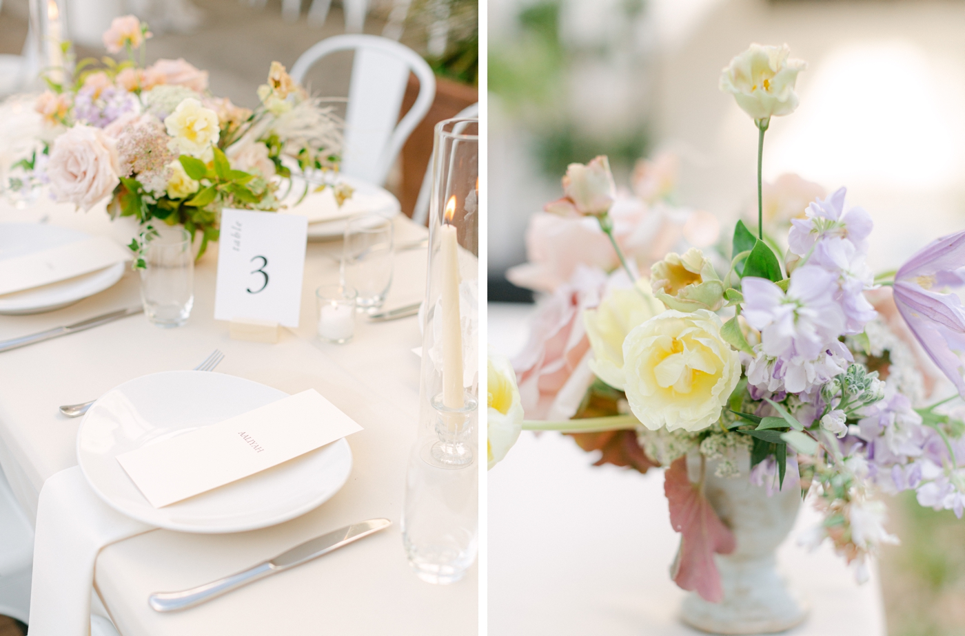Peach, blush, and lavender reception flowers by Bough and Twig