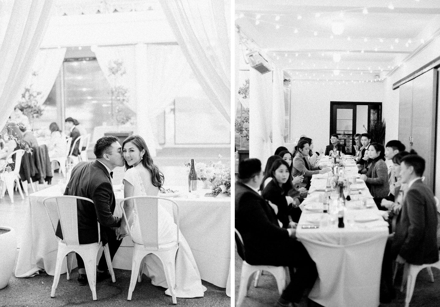 Cafe lights and white table linens for a summer wedding reception
