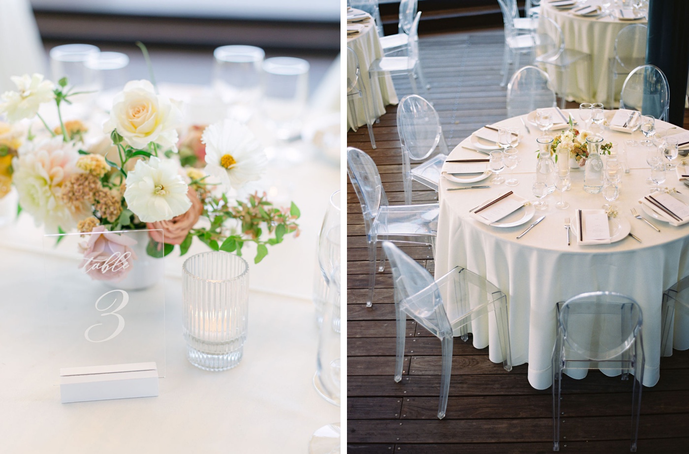 Round tables with white linens for a vineyard wedding reception