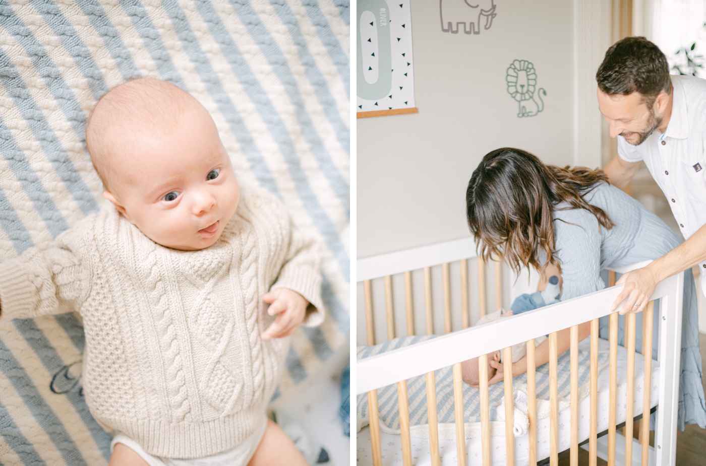 In-home family session featuring a blue and white nursery