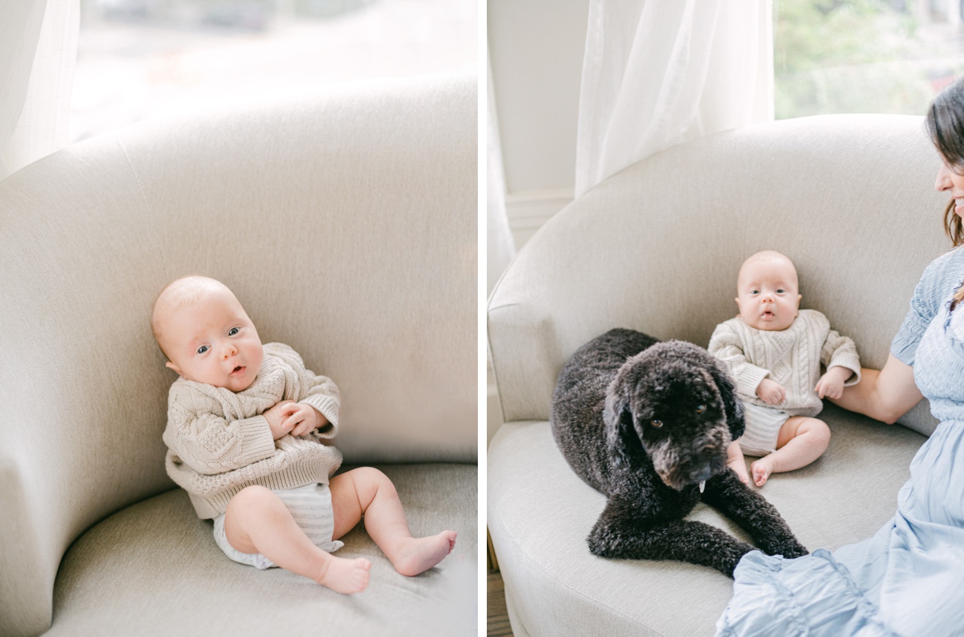 Baby in a cream sweater for family session