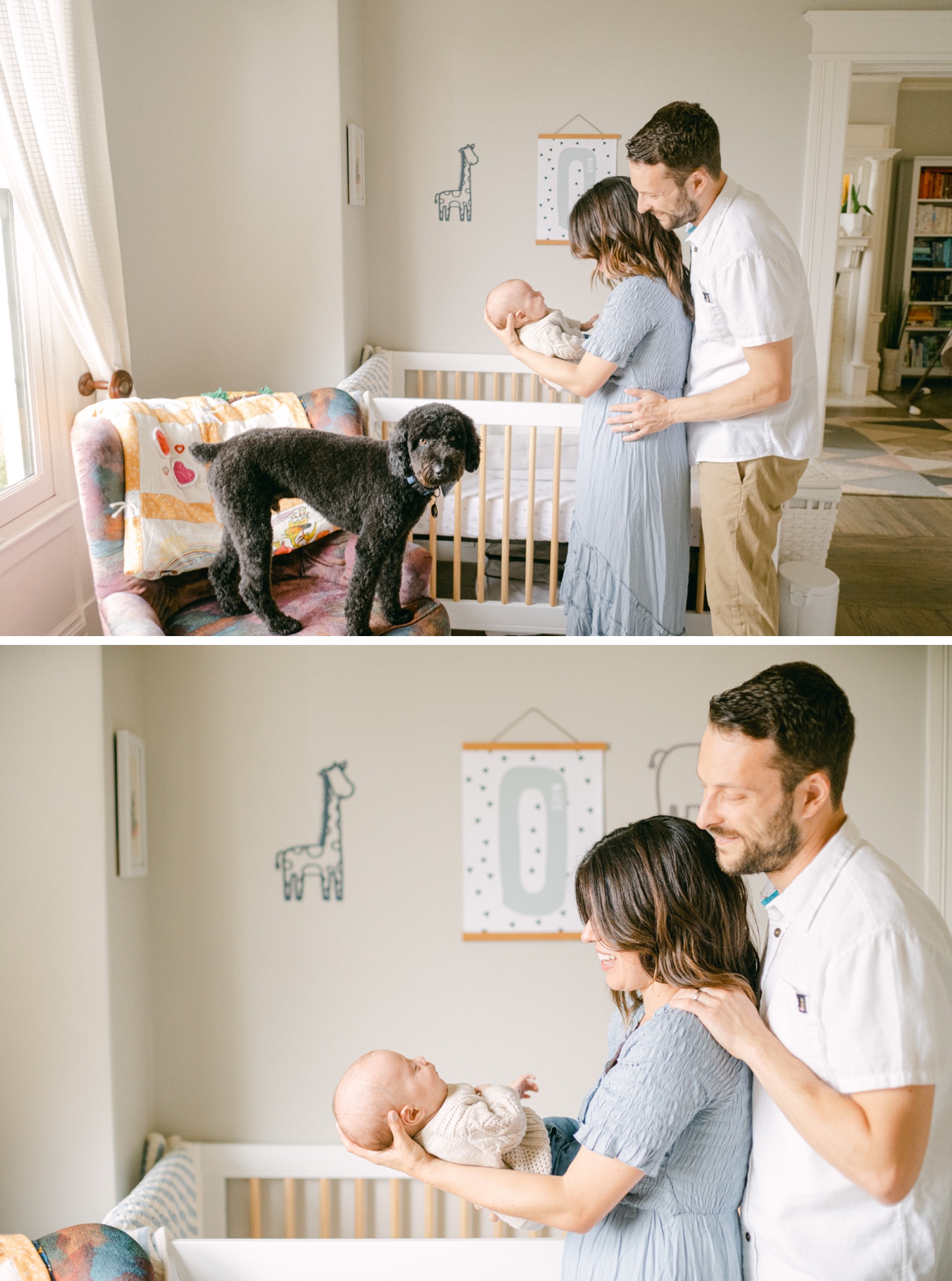 In-home family session featuring a blue and white nursery